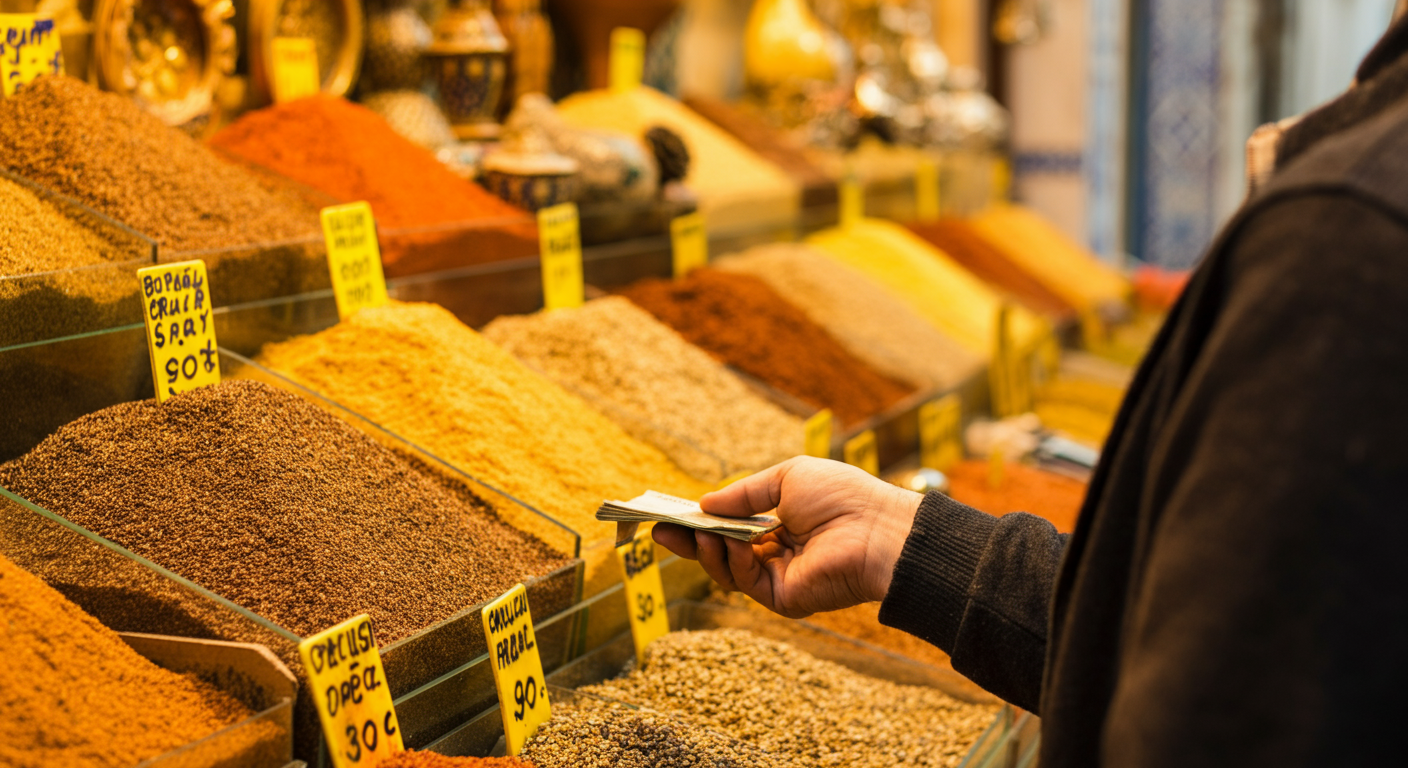 A colorful stall in a Turkish bazaar (Grand Bazaar style). Spices or souvenirs. Focus on a cash transaction taking place naturally. Authentic unposed movement.