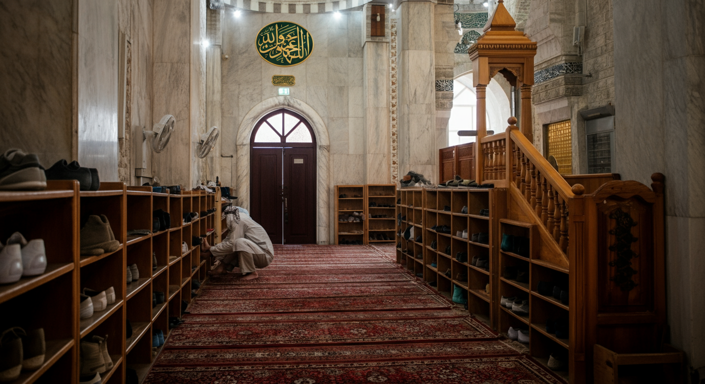Entry area of a mosque showing wooden shoe shelves and a clean carpeted floor. Visitors taking off shoes respectfully. Authentic cultural detail. Warm interior lighting.