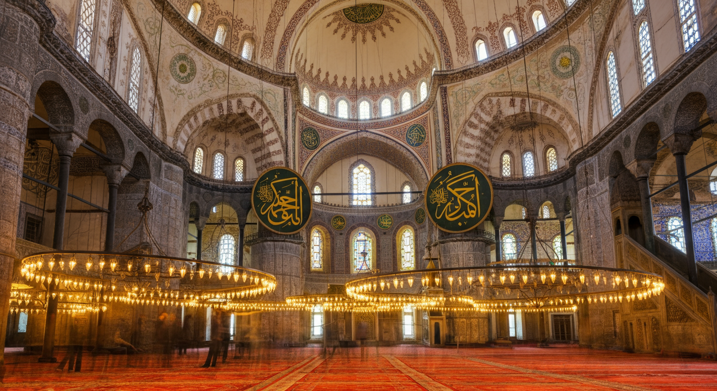 Interior view of a grand mosque in Turkey. Beautiful calligraphy and dome details. Soft light filtering through windows. Visitors admiring quietly. Peaceful atmosphere. Wide shot.
