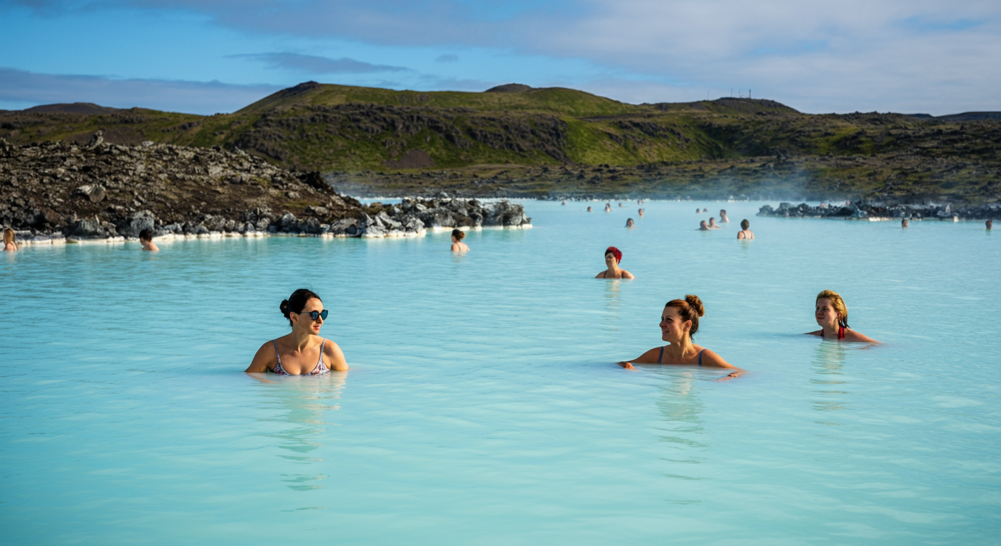 Relaxed swimming in the shallow calm waters of the Blue Lagoon. Clear water, happy people, green hills in background. Authentic summer holiday vibe.