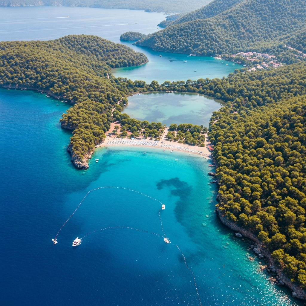Ölüdeniz Kumburnu lagünü ve Belcekız plajının ormanlık alandan havadan çekilmiş muazzam turkuaz görüntüsü