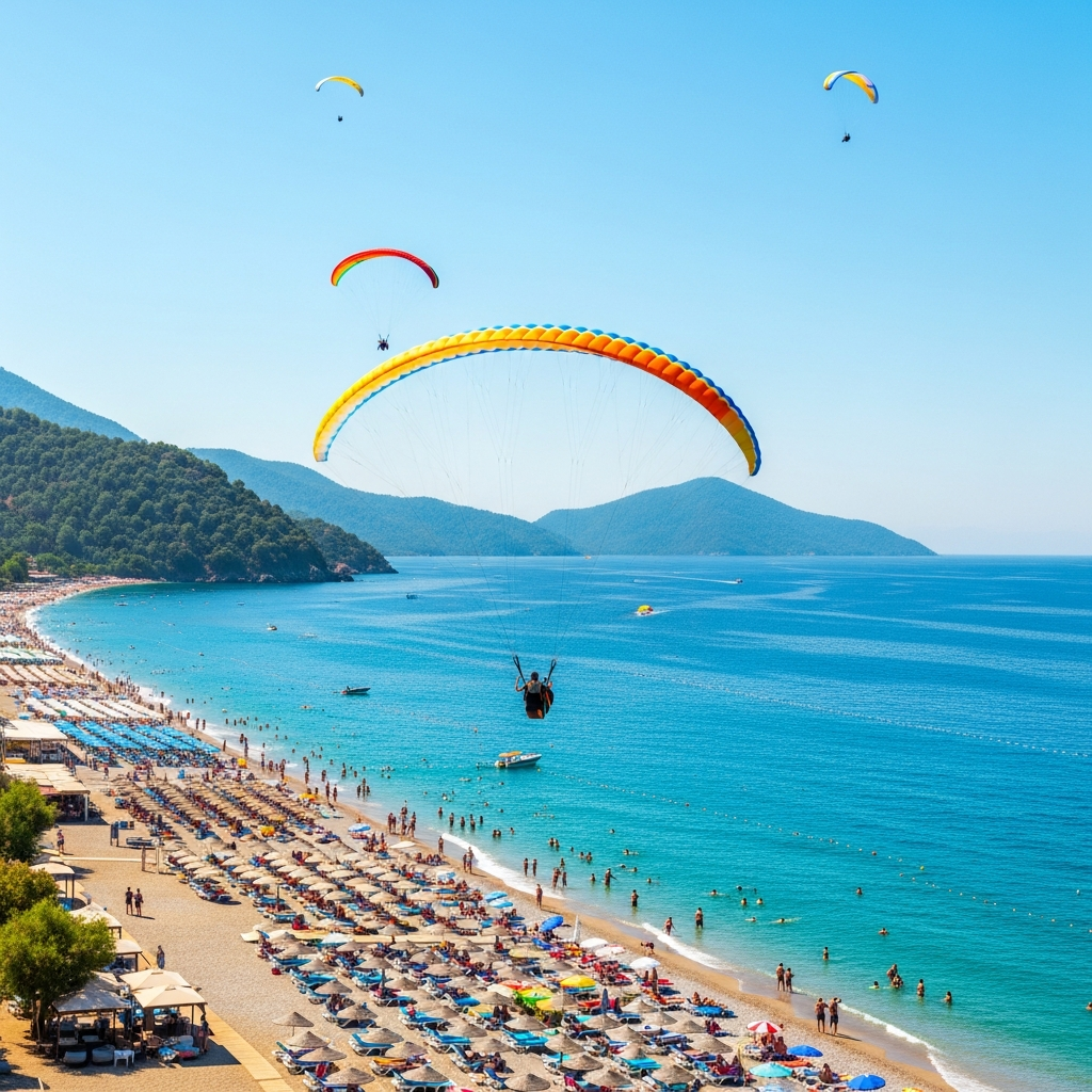 Belcekız üzerinden süzülen rengarenk yamaç paraşütleri, açık deniz ve kalabalık güneşli plaj şezlongları