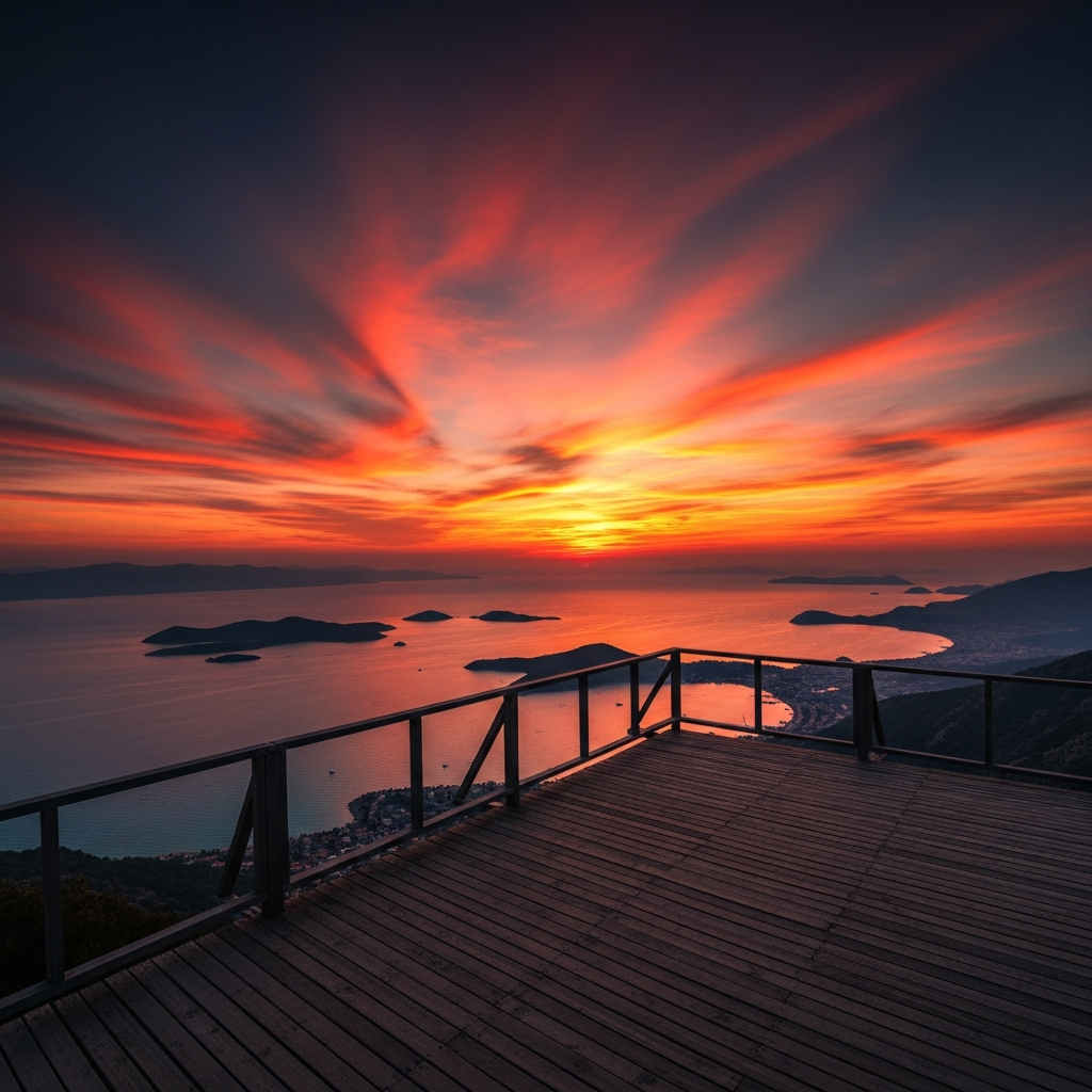 Devasa yükseklikte Babadağ zirvesinden batan kızıl güneş eşliğinde ahşap seyir terası ve harika Ege denizi manzarası