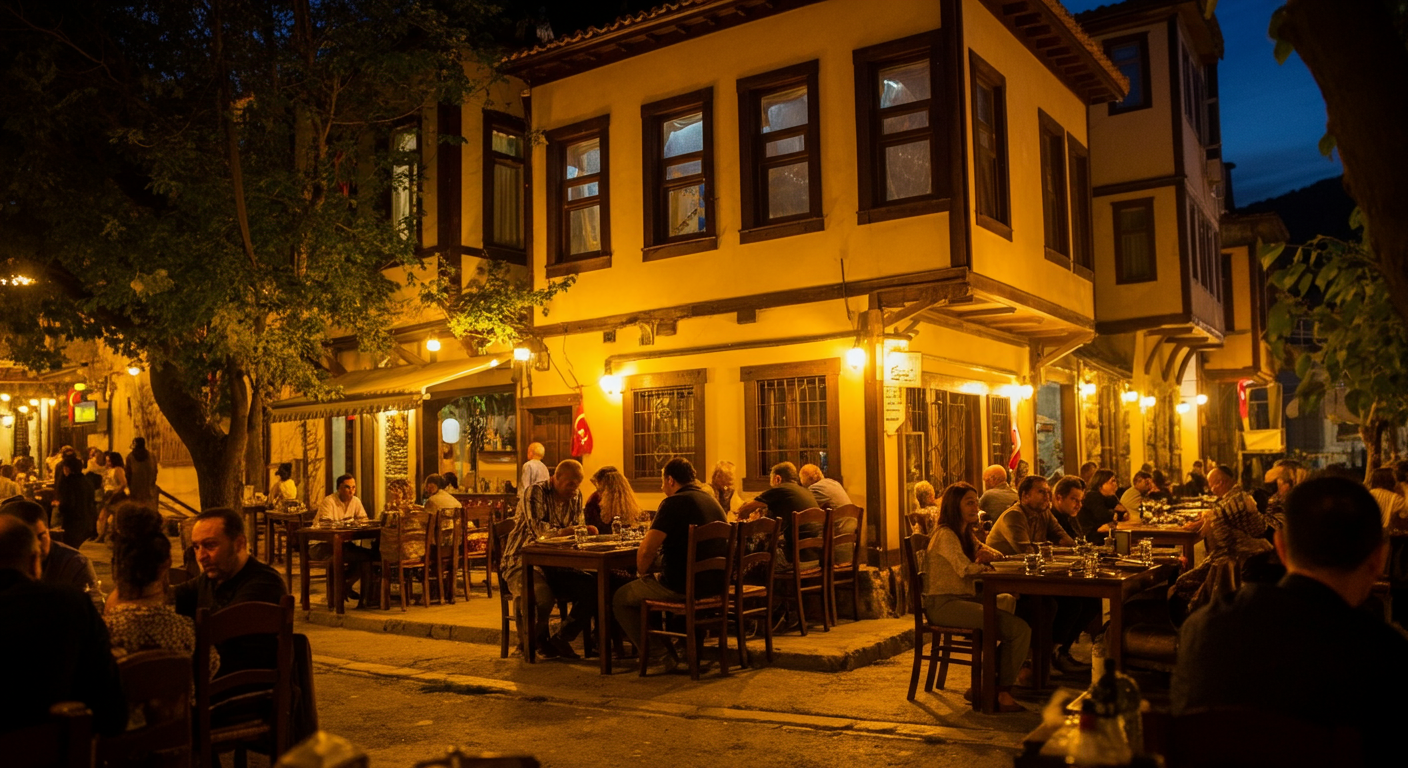 Outdoor dining in a Turkish town at dusk. Warm string lights, people laughing, comfortable temperature distinct from peak summer sweat. Inviting, authentic evening atmosphere.