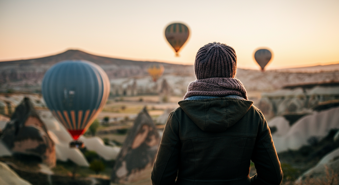 A tourist in Cappadocia at sunrise, wearing layers (jacket, scarf) watching hot air balloons. Back view. Authentic early morning atmosphere. Soft cool light.