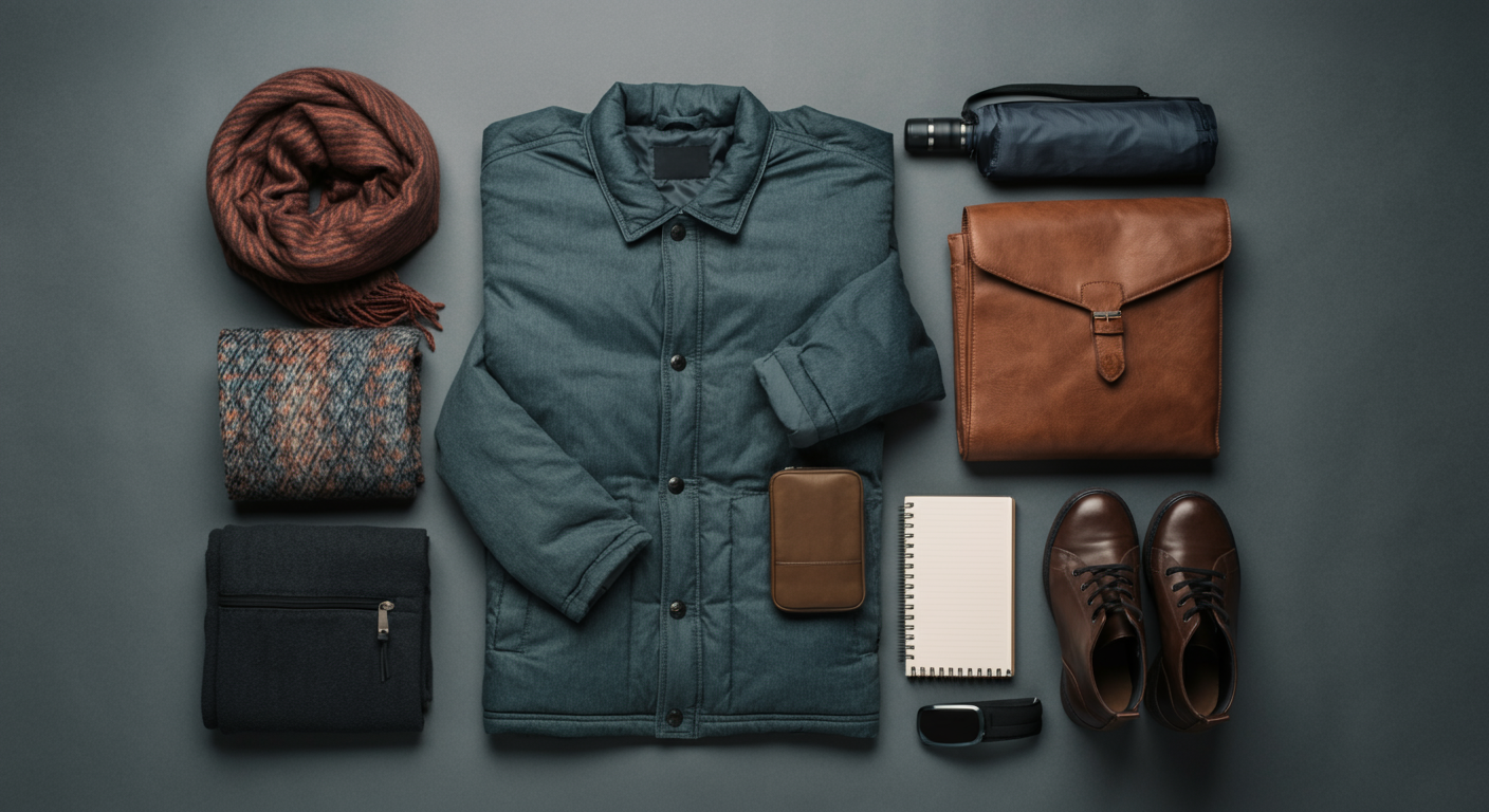 Flat lay of packing for November in Turkey. A stylish jacket, scarf, comfortable boots or sneakers, notebook, compact umbrella. 'City break' packing style. Authentic photo.