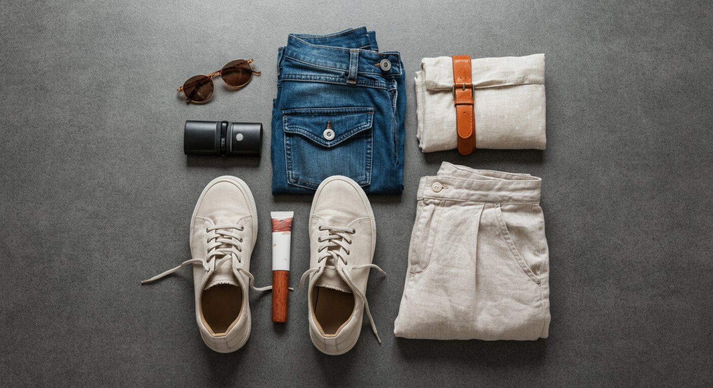 Flat lay of packing for September in Turkey. Summer clothes plus a light denim jacket or linen shirt for evenings. Walking shoes. Sunglasses. Authentic travel style.