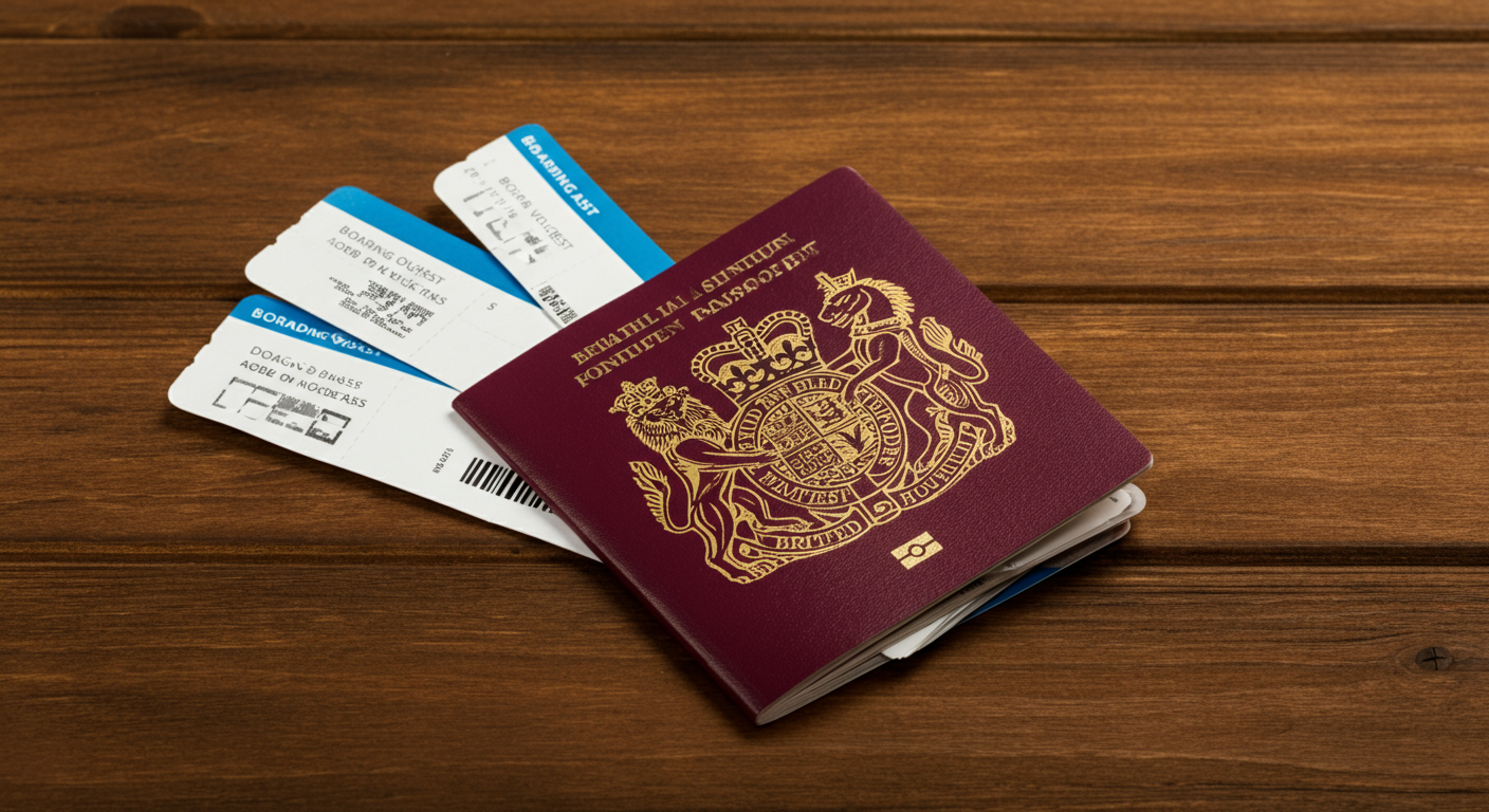 British passport and printed boarding passes/hotel vouchers on a wooden table. Getting ready to travel. Authentic texture and lighting.