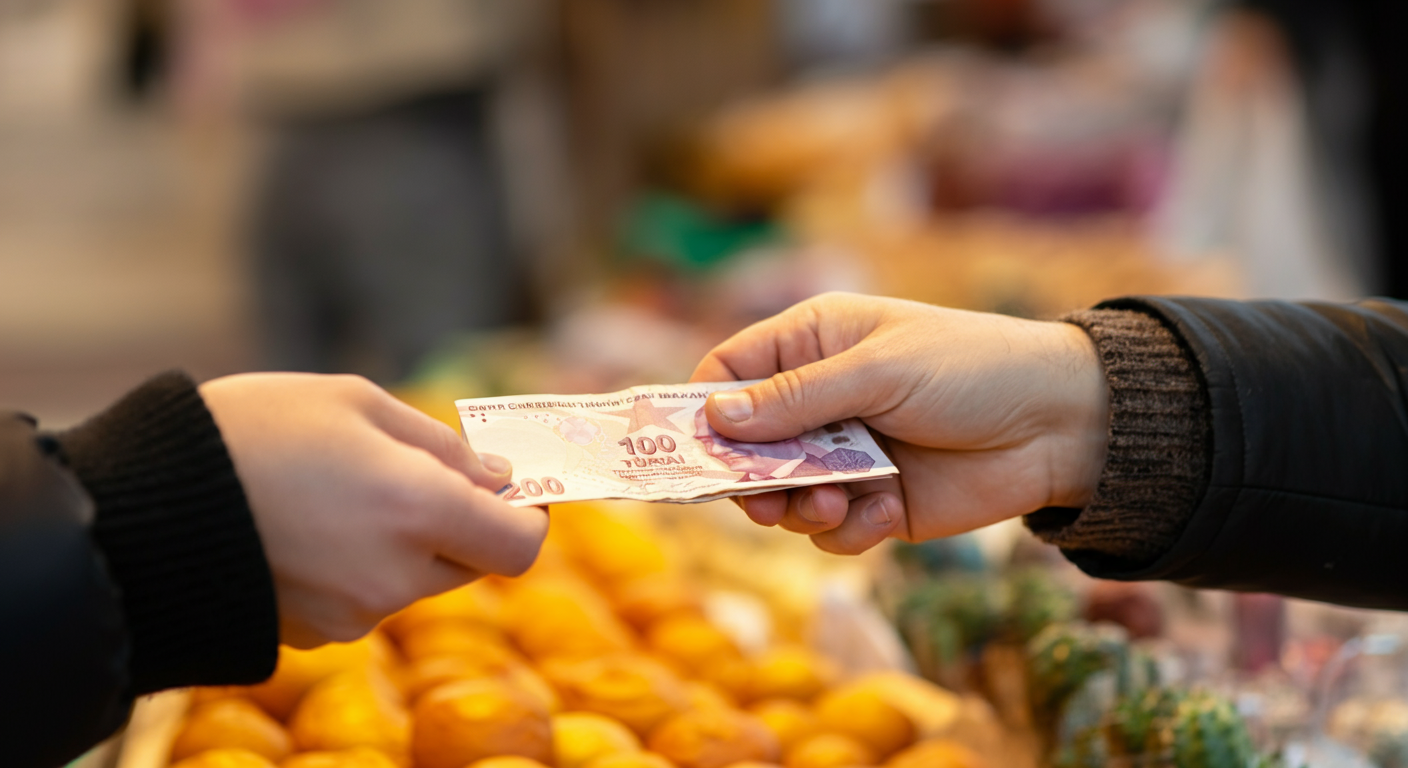 A close-up of a hand handing over Turkish Lira cash to a merchant at a market for a small item. Focus on the exchange. Authentic, friendly interaction. Shallow depth of field.