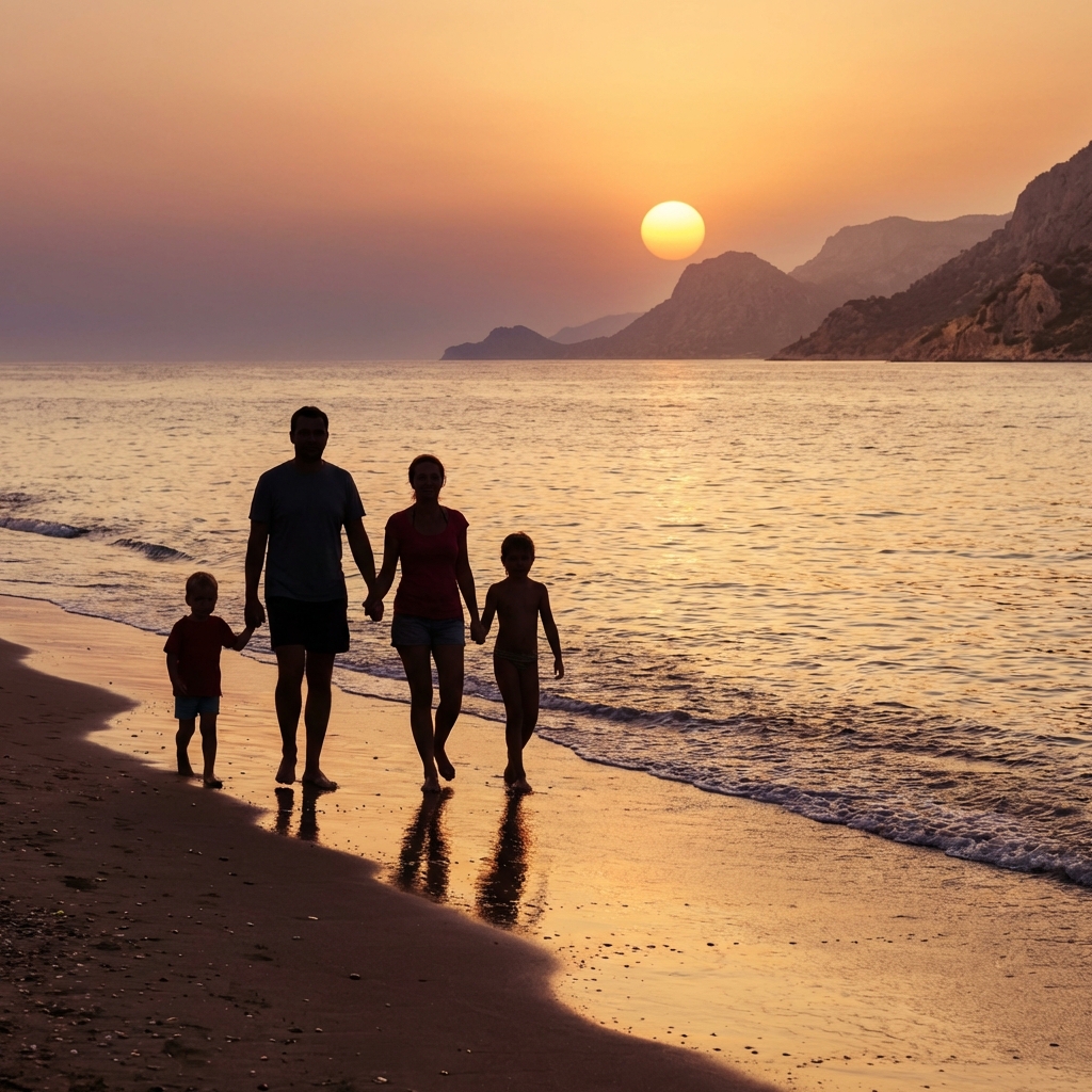 Peaceful family moment at a Turkish beach resort at sunset