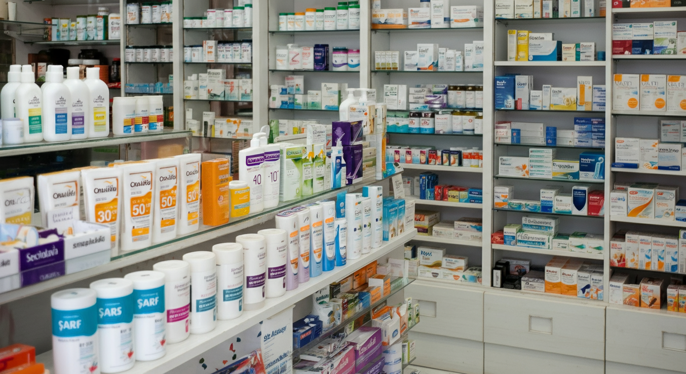 A pharmacy counter with basic travel health essentials: sunscreen, plasters, vitamins. Clean, organized. Authentic Turkish pharmacy vibe. Bright lighting.