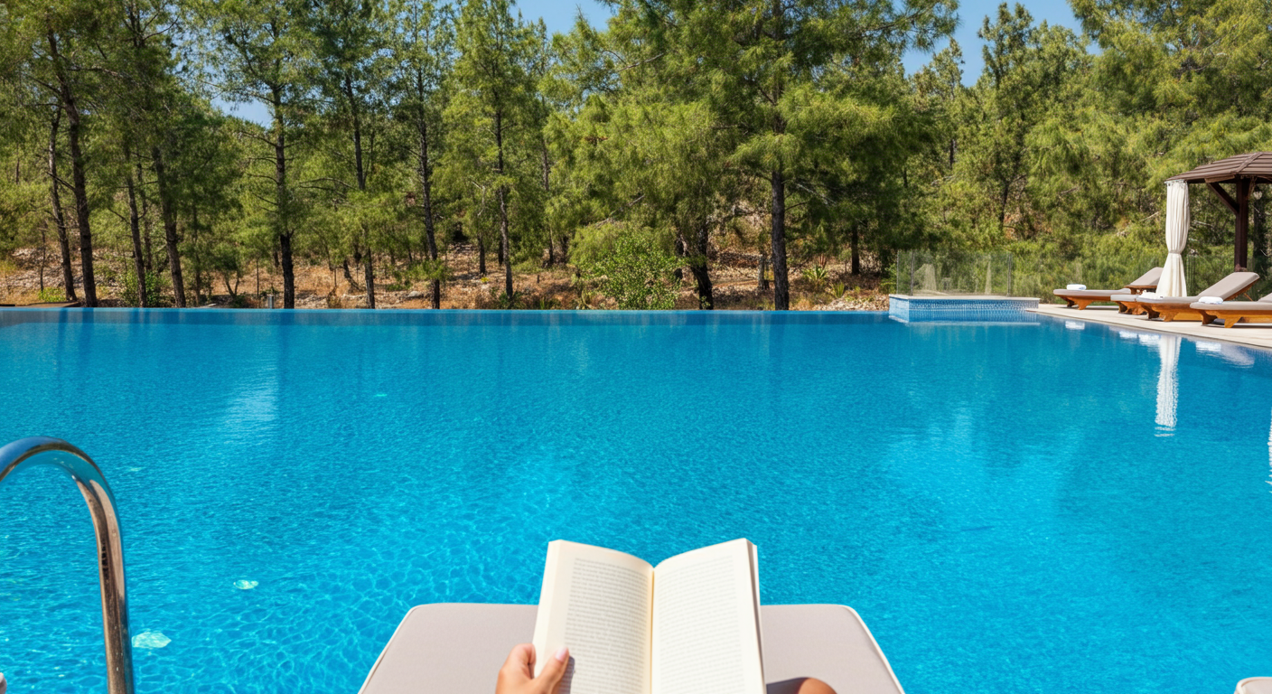 A quiet, adults-only infinity pool in Turkey. A person reading a book on a comfortable lounger. calm blue water, pine trees in background. Silence and relaxation themes. Authentic.