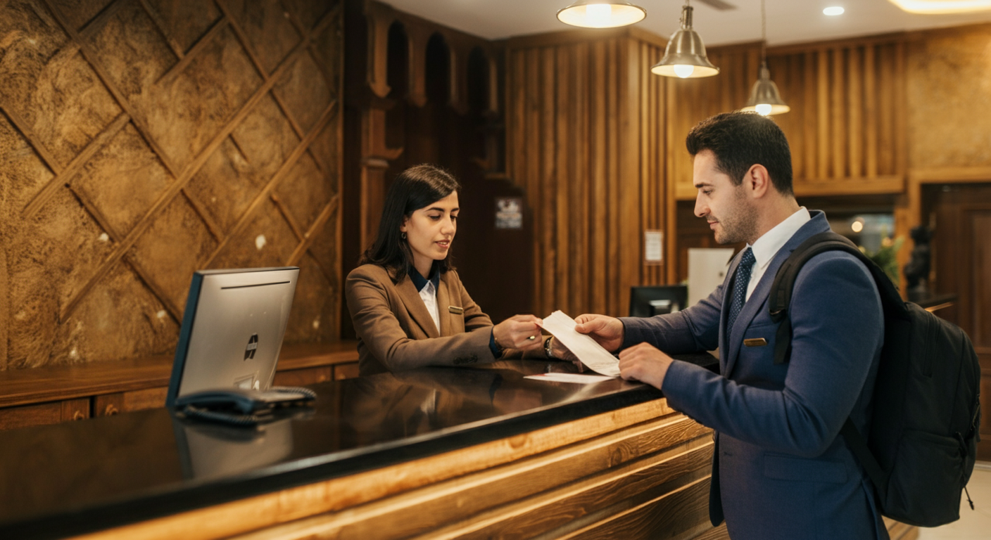 A UK traveller at a hotel reception desk in Turkey, asking a question or checking a detail on a document. Friendly receptionist. Authentic check-in interaction. Warm lighting.