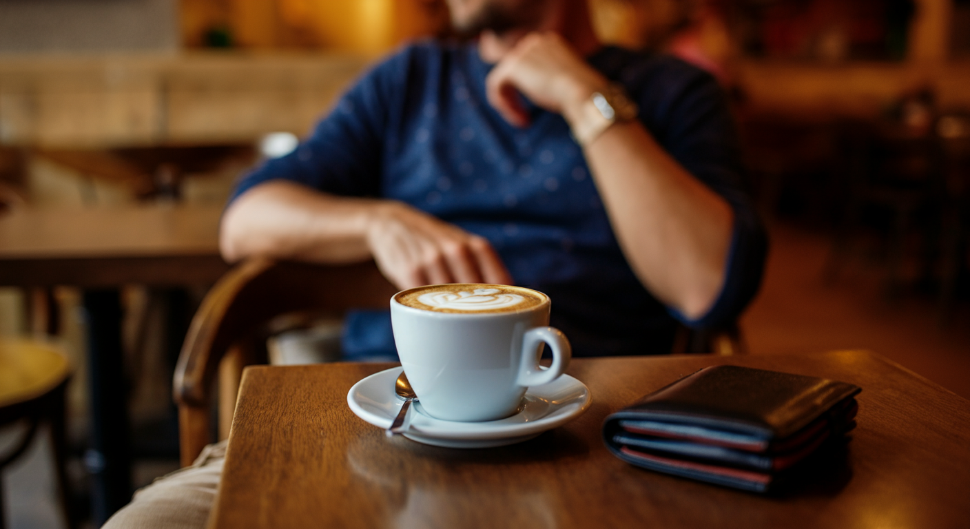 A relaxed tourist enjoying a coffee at a table, wallet sitting securely nearby. Looking organized and stress-free. Authentic holiday vibe. Warm atmosphere.