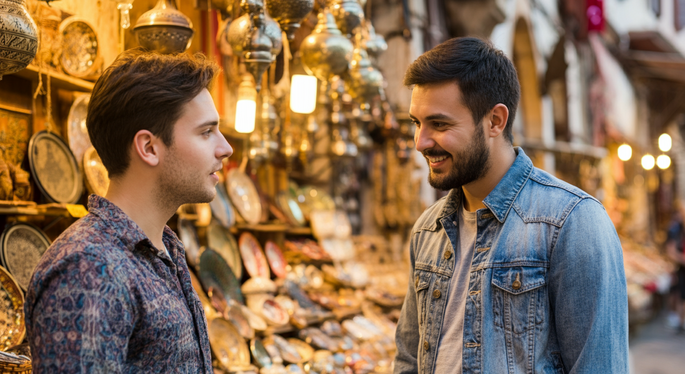 A tourist looking at items in a Turkish market stall, chatting smilingly with the seller. No pressure, friendly interaction. Authentic bazaar atmosphere. Colorful background.