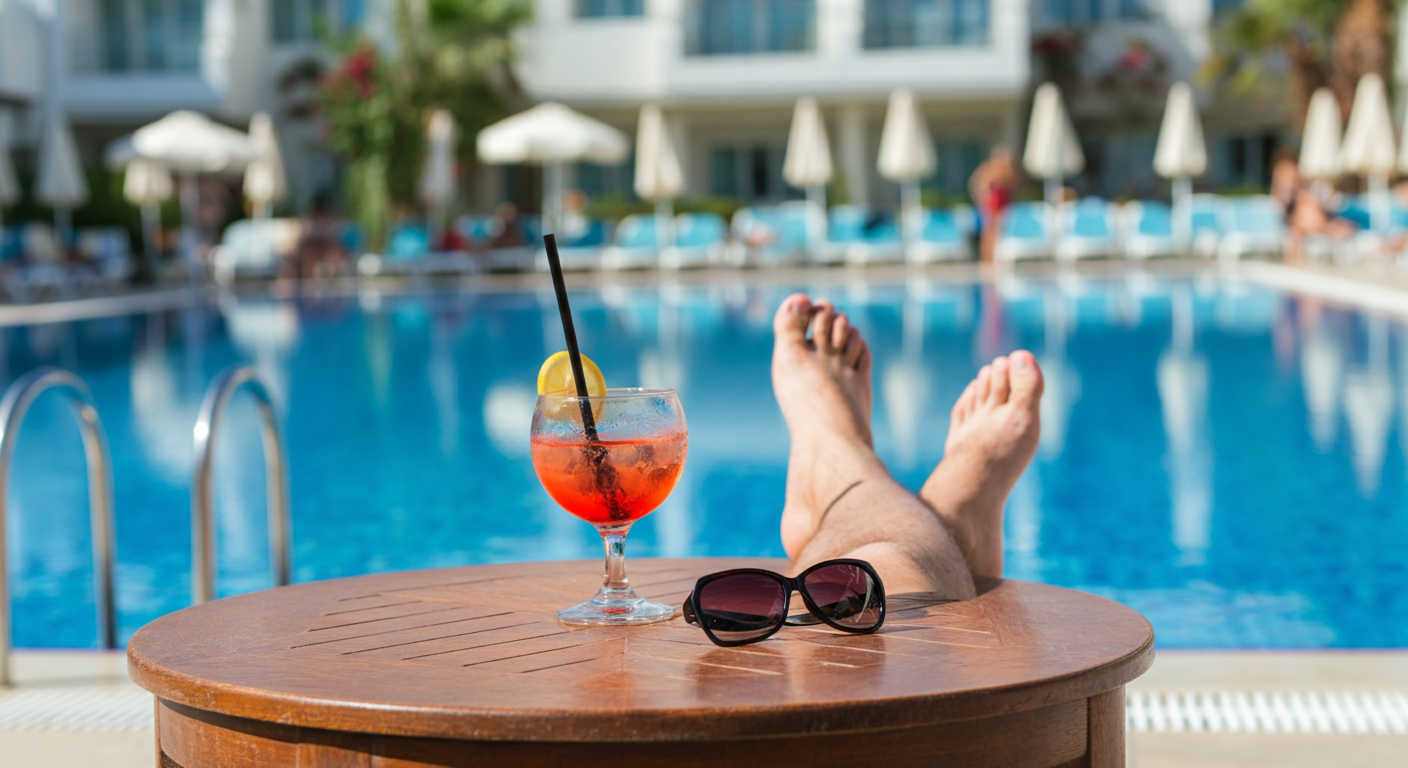 POV of a relaxing drink by a resort pool in Turkey. Sunglasses on table. 'All-inclusive' feeling of no immediate payment needed. Very relaxed, sunny, authentic holiday vibe.