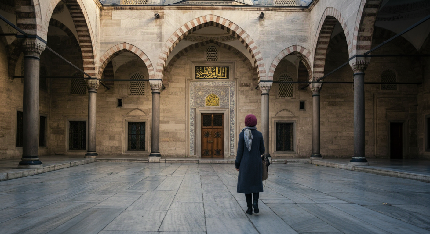 A respectful tourist walking quietly in the courtyard of a historic mosque in Istanbul. Dressed modestly. Peaceful atmosphere. Authentic architectural details in background. Cinematic travel photography.