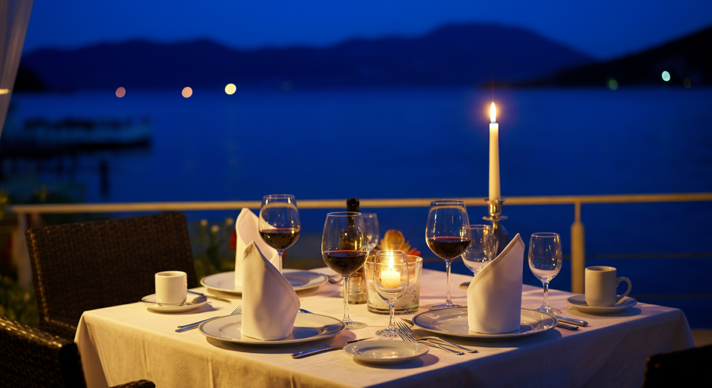 A romantic dinner setup for two by the sea in Turkey. White tablecloth, candles, wine, seafood. Twilight blue hour lighting. Upscale all-inclusive dining. Realistic.