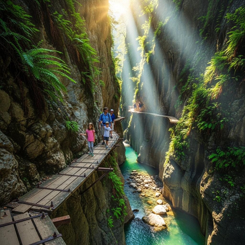 Saklıkent kanyonunda sarp kayalara çakılmış, ailenin yürüdüğü ahşap asma Boardwalk yolu