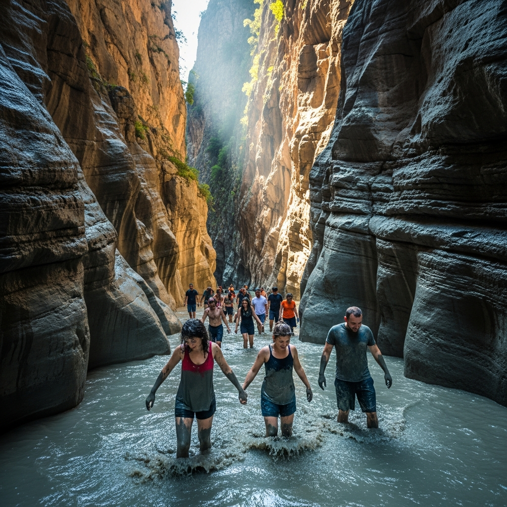 Sarp ve yüksek Saklıkent kanyon kayaları arasında buz gibi suyun içinden yürüyen turistler ve çamur sürmüş gezginler