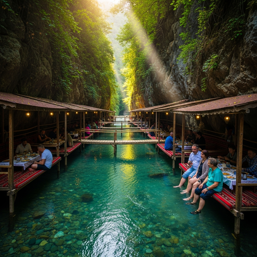Saklıkent nehrinin buz gibi tatlı sularının üzerine kurulmuş ahşap yemek köşklerinde oturan turistler
