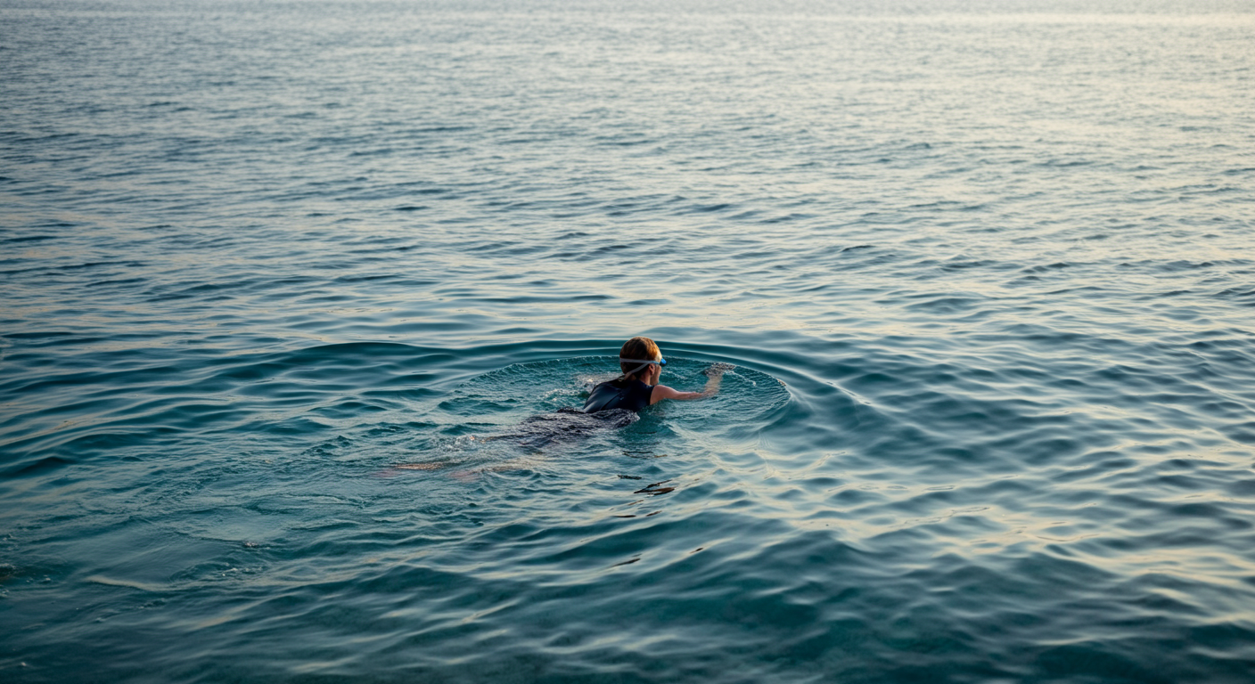 A swimmer enjoying the calm, warm sea in Turkey in late afternoon. Soft lighting, peaceful water texture. The feeling of an 'easy' swim. Authentic, natural travel photo.
