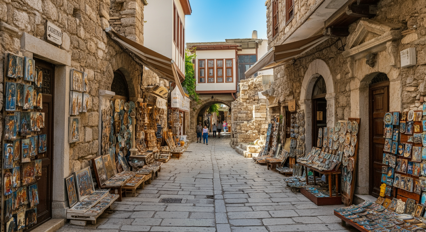 A narrow stone street in Side Old Town. Souvenir shops, historic ruins mixed with daily life. People walking. Authentic street photography. Bright daylight.