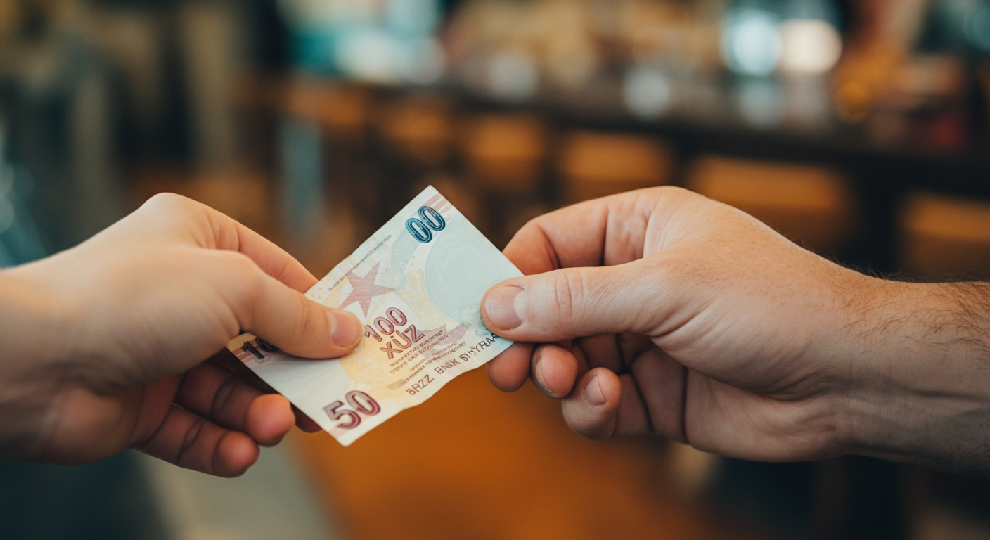 A close-up of a hand politely offering a small cash tip (Turkish Lira) to a waiter or staff member. Warm, respectful gesture. Authentic travel interaction. Focus on the hands. Blurred background.