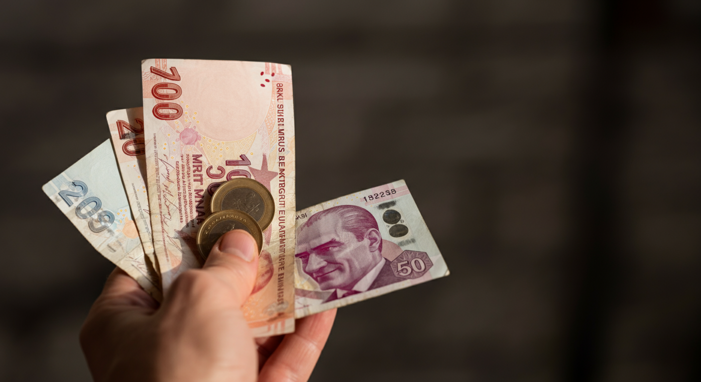 A small amount of Turkish Lira cash (banknotes and coins) held in a hand, ready for small spending. Authentic travel detail. Natural lighting. No blurred text, crisp banknote details.