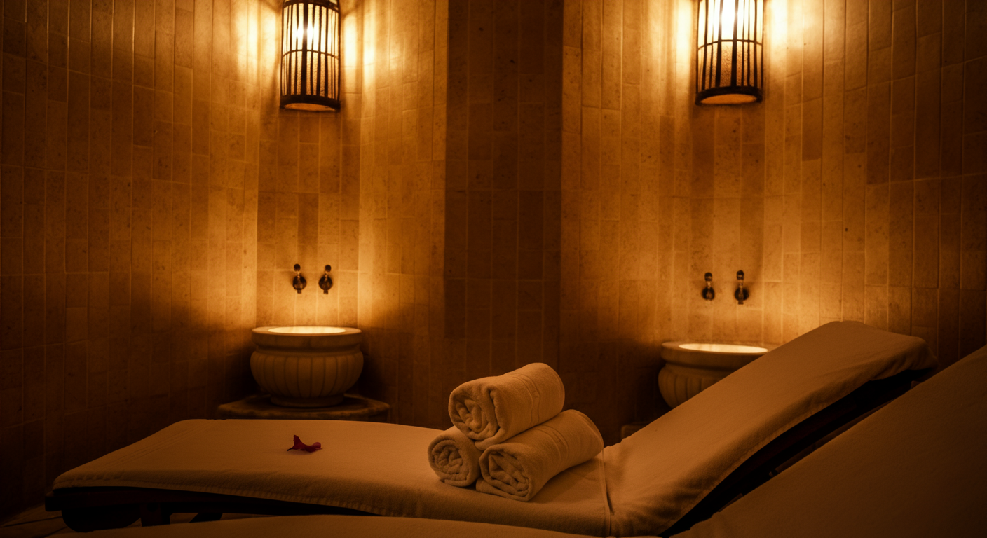 A serene relaxation area in a Turkish spa or hammam. Soft lighting, towels, calm atmosphere. Authentic wellness setting. No people faces, focused on the environment.