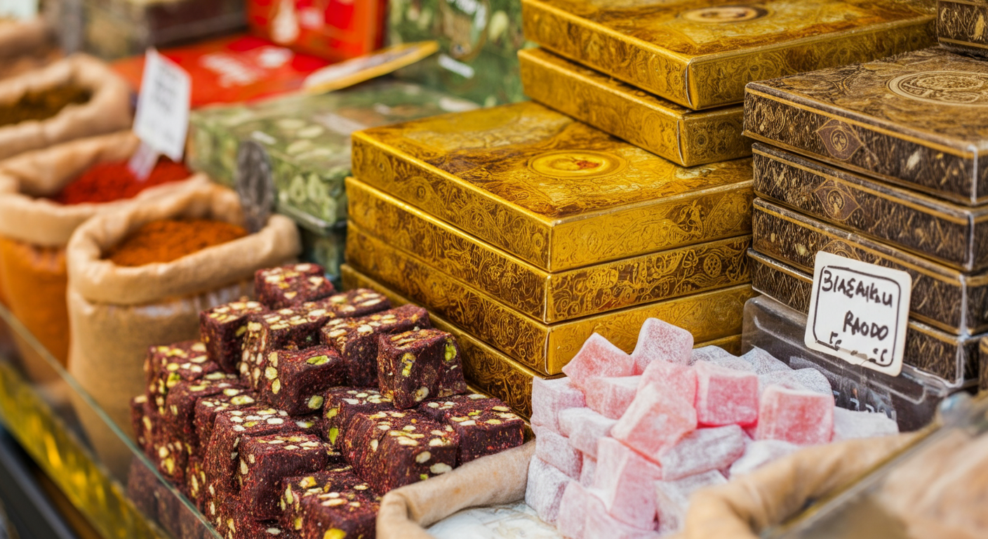 A close-up of colourful boxes of Turkish Delight and small bags of spices at a market stall. Tempting, vibrant colours. Authentic edible gifts. clean focus.