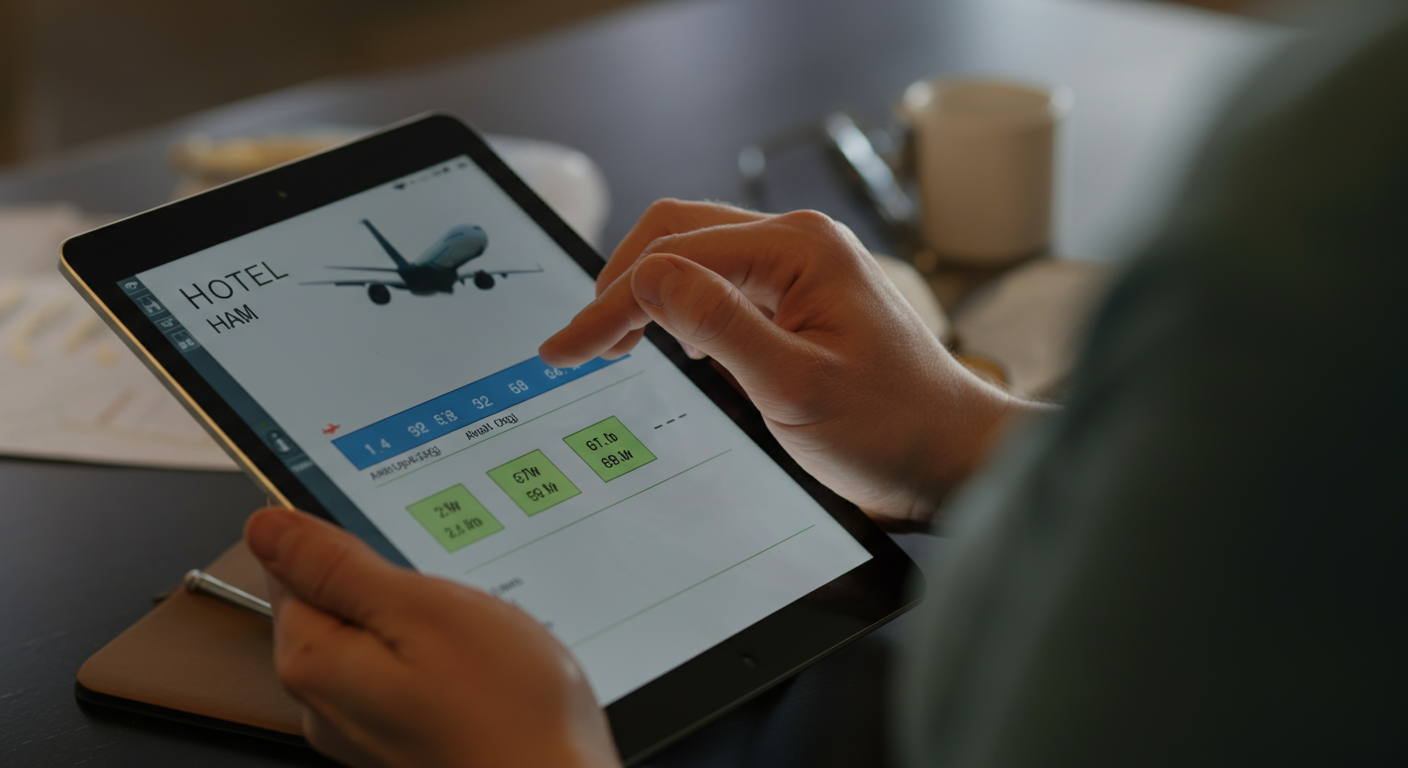 A close up over the shoulder shot of someone using a tablet to drag and compare hotel prices vs flight prices. Authentic digital travel planning moment. Soft focus background.