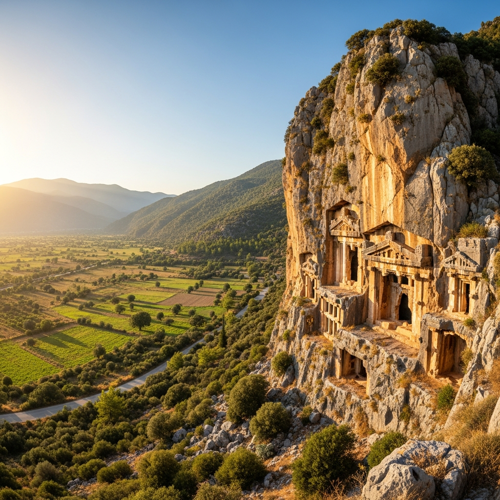 Sarp kayalıklara oyulmuş Tlos Antik kaya mezarları ve yemyeşil ova manzarası