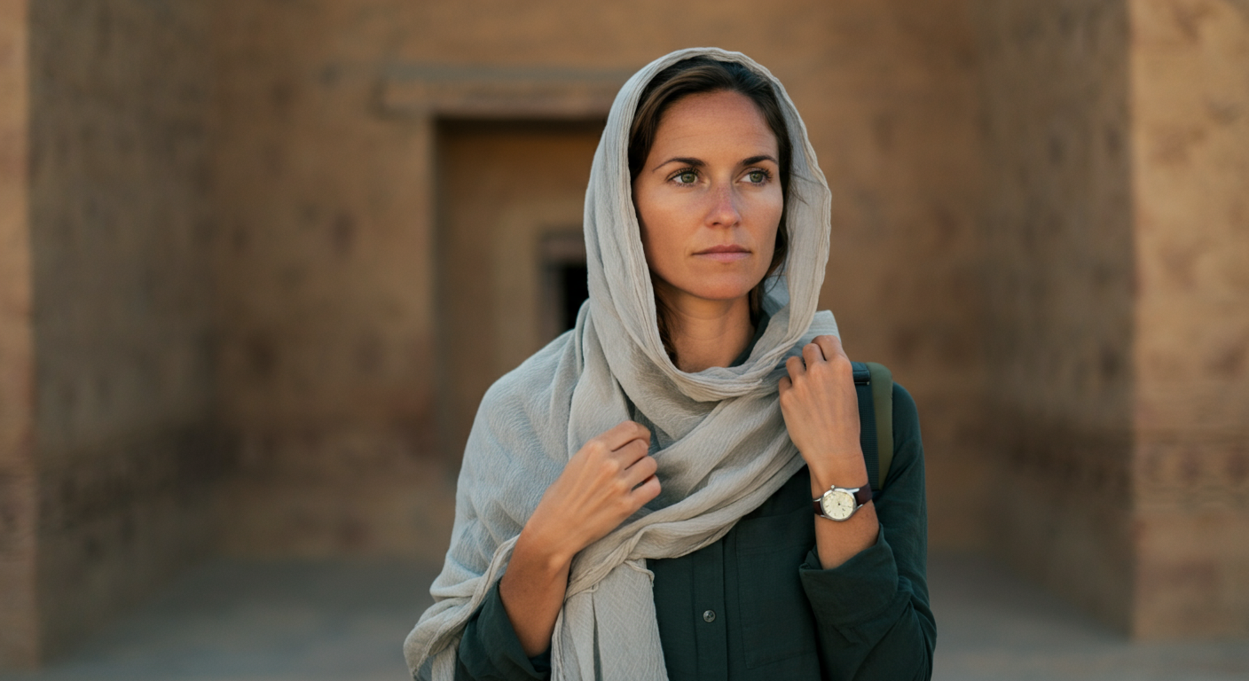 A female tourist respectfully adjusting a light scarf over her head/shoulders before entering a cultural site. calm expression. Authentic travel moment. Soft, natural lighting.