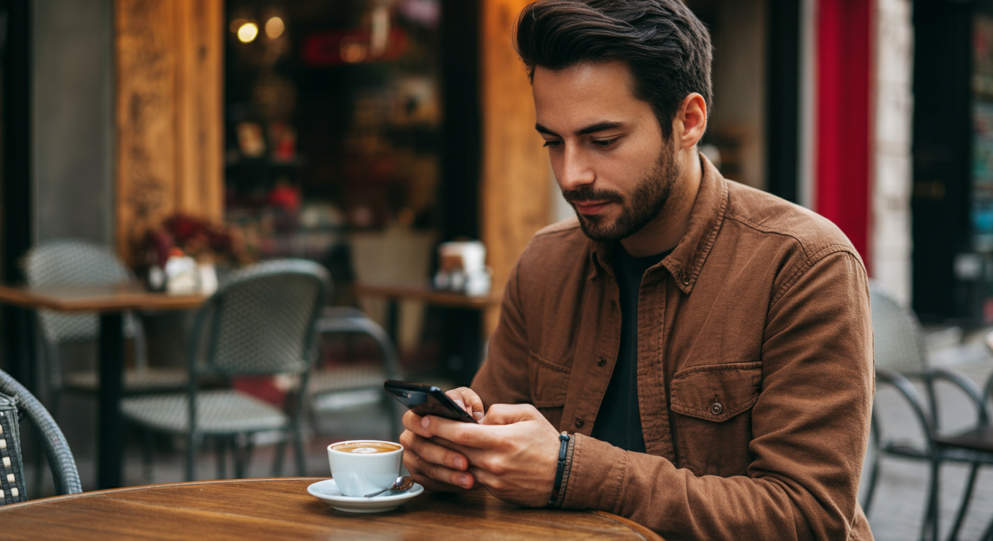 A relaxed traveller checking their smartphone (banking app) at a cafe table in Turkey. Coffee nearby. Looking reassured/calm. Authentic digital nomad/travel style.