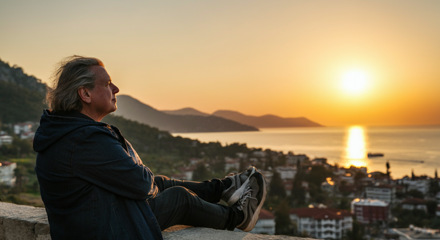 A peaceful shot of a UK tourist enjoying a sunset view in Turkey (coast or city). Relaxed posture, enjoying the moment. Symbolising financial peace of mind. Warm golden hour light.