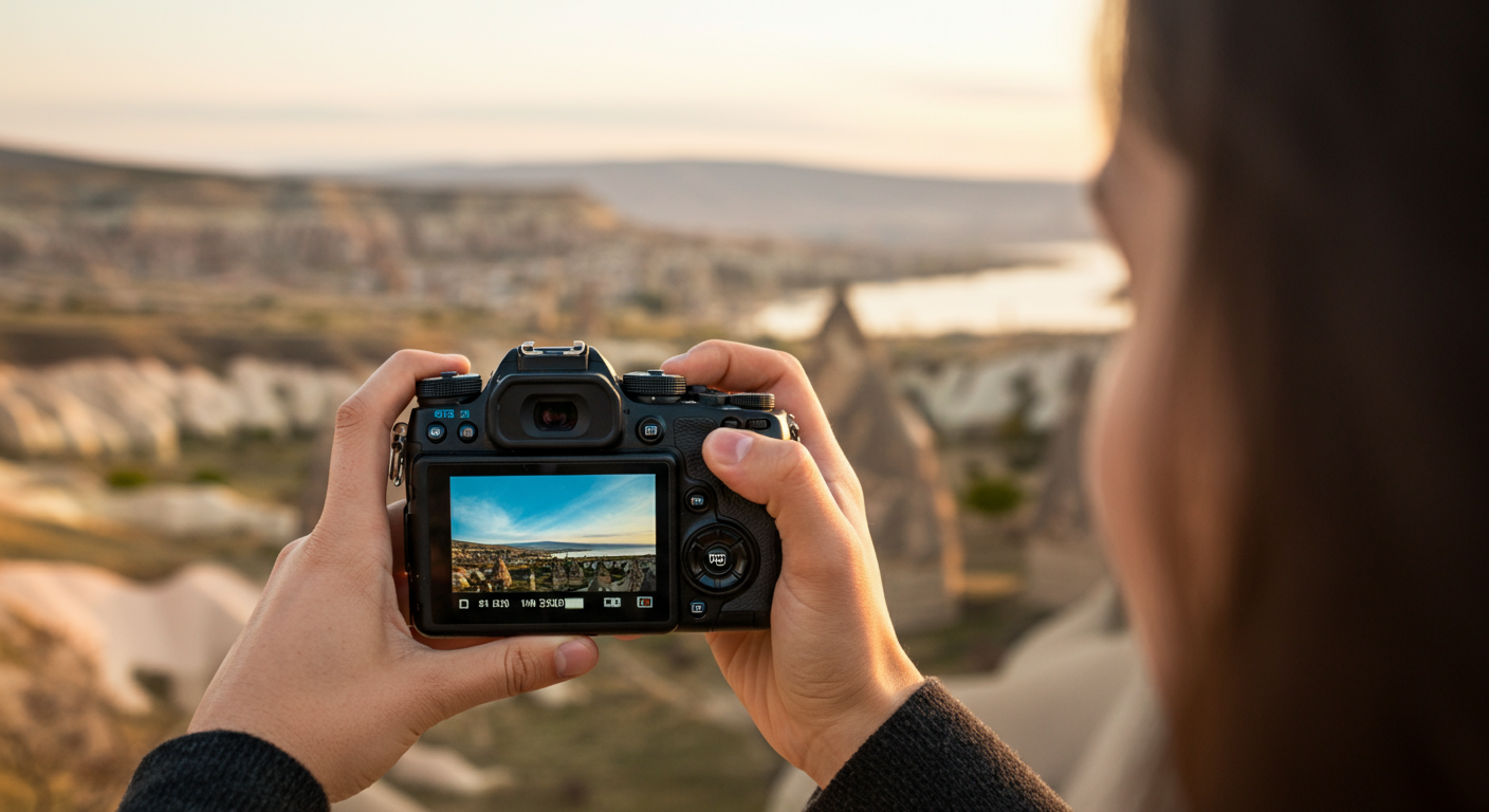 A tourist taking a photo of a beautiful Turkish landscape (e.g., Cappadocia or a coastal view) with a professional camera. Focus on the person and the camera screen. Golden hour lighting. Authentic travel moment. No military objects.