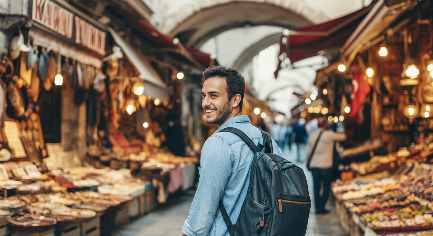 A tourist walking away from a stall in a Turkish market with a polite, friendly smile. 'No pressure' vibe. Colourful, busy background but focused on the calm tourist. Authentic travel photography.