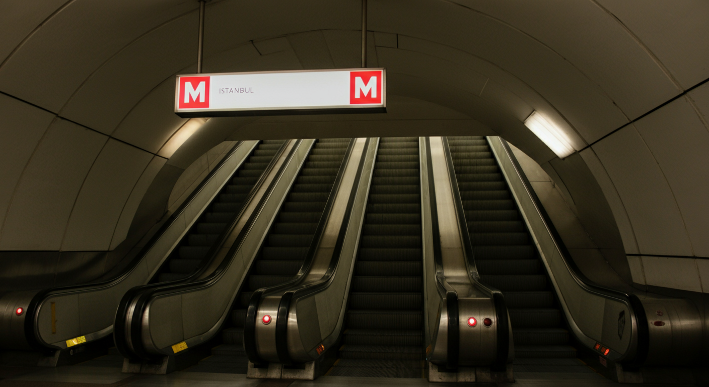 A modern Istanbul Metro station signage ('M' logo) with escalator in background. Clean, well-lit underground station. Authentic public transport guidance.