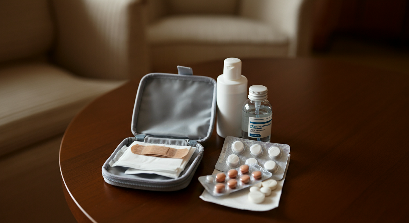 A small open travel first-aid kit on a hotel table. Plasters, sanitizer, basic meds. Authentic travel packing vibe. Natural lighting.
