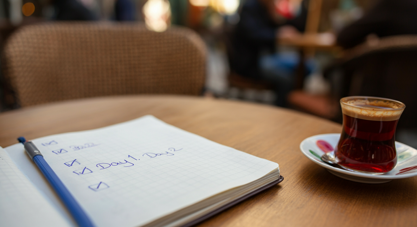 Close up of a travel journal or checklist on a cafe table in Turkey. 'Day 1, Day 2' written or implied. Coffee or tea nearby. Organizing a trip. Authentic detail.