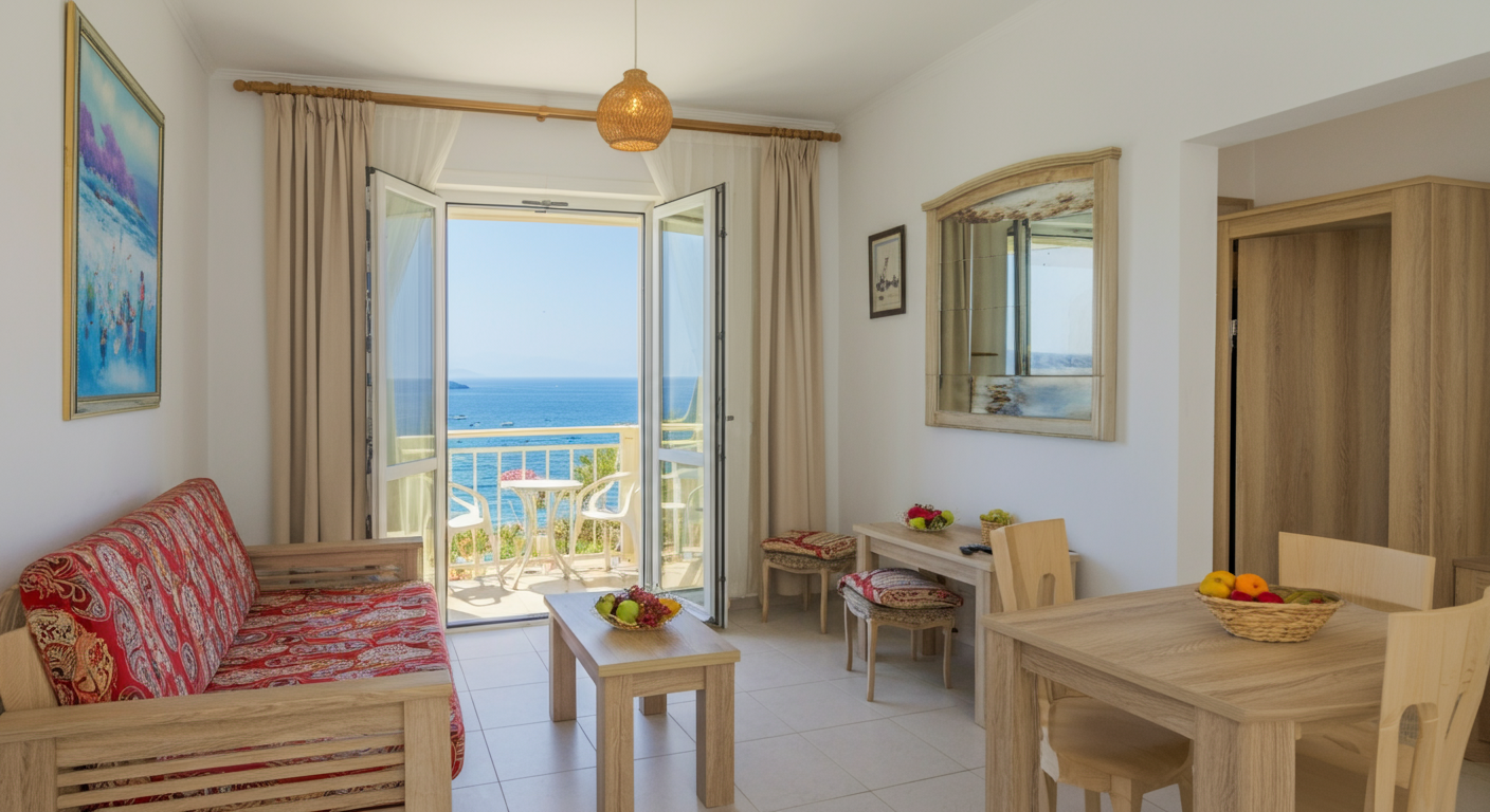Interior of a bright, spacious holiday apartment in Turkey. Living area with a balcony door open to a sea view. Authentic, comfortable travel style. Realistic.