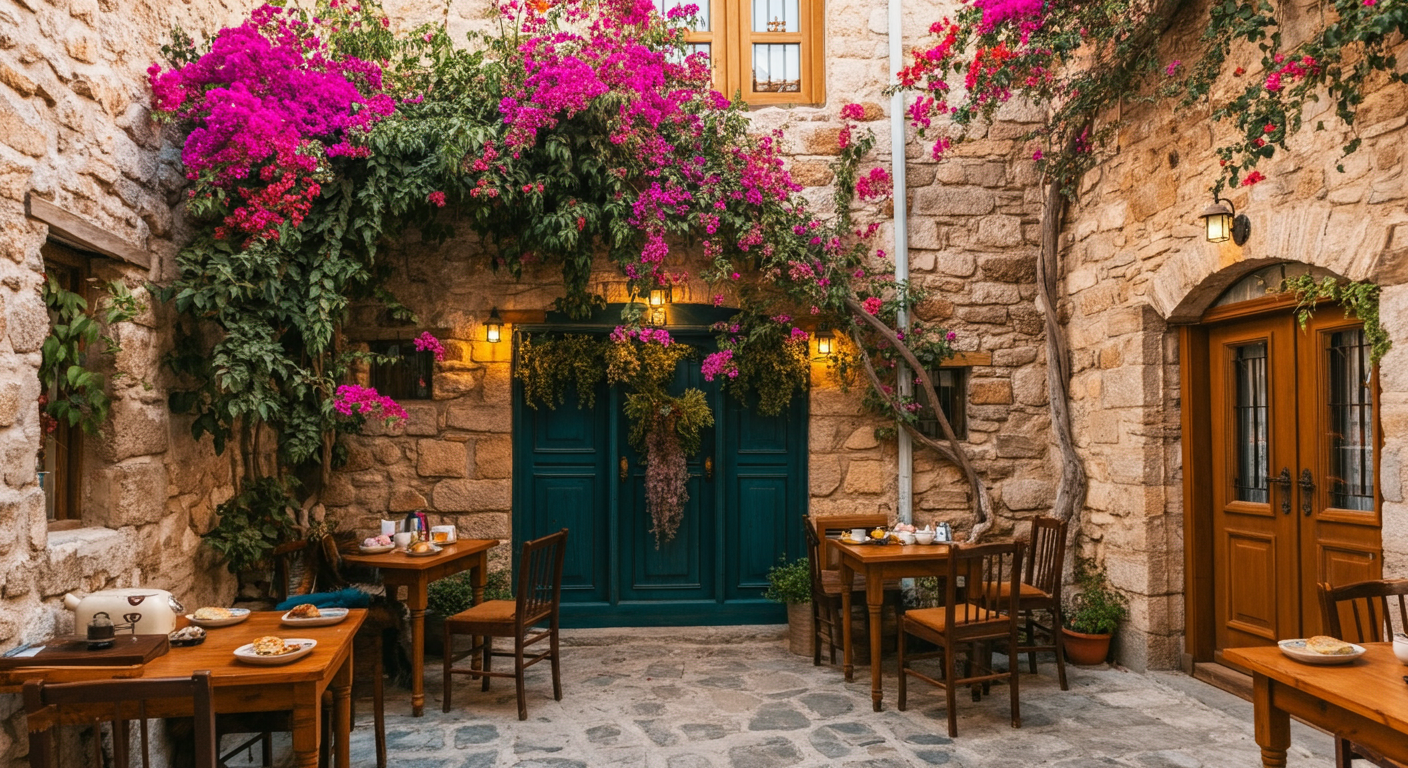 A charming boutique hotel courtyard in Turkey. Stone walls, bougainvillea flowers, small breakfast tables. Authentic and cozy atmosphere. Realistic.