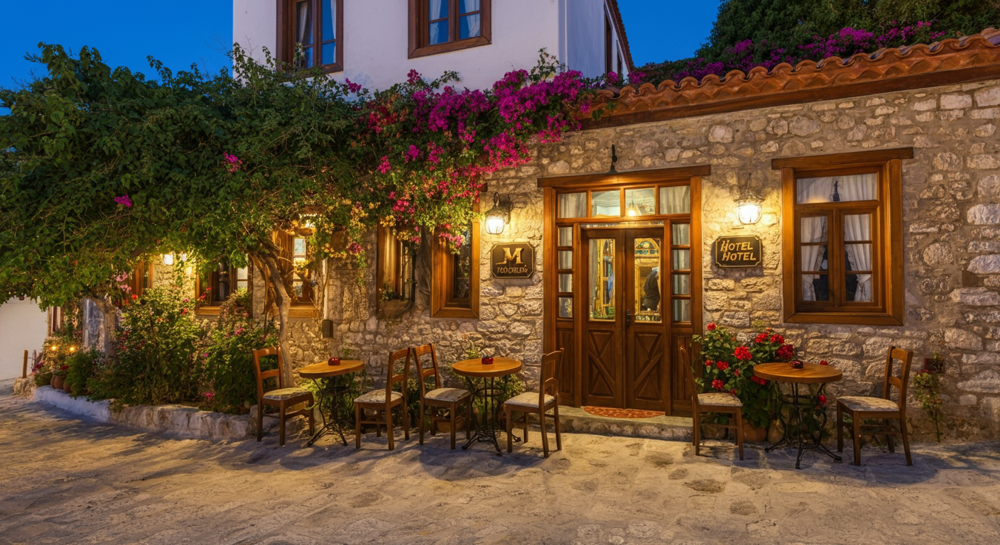 Exterior of a charming boutique hotel in a Turkish town (like Alacati or Kas). Stone building, flowers, small tables outside. Authentic atmosphere. Realistic.