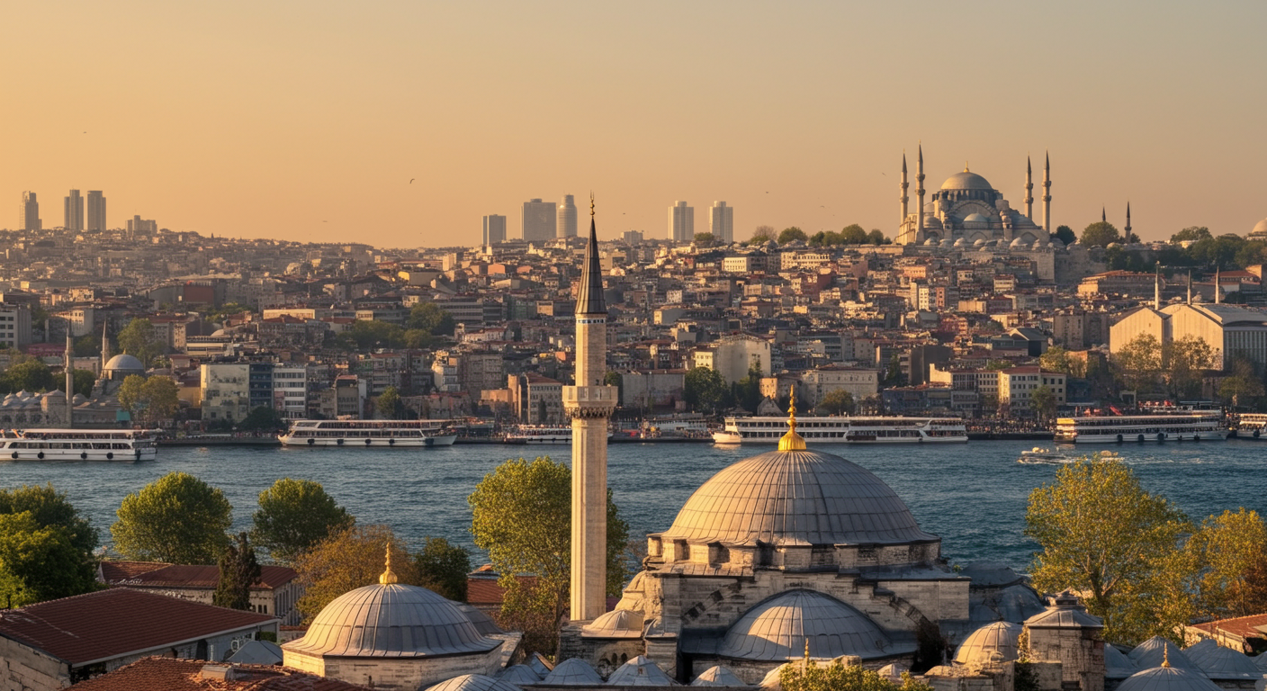 A scenic view of Istanbul skyline with mosques at sunset