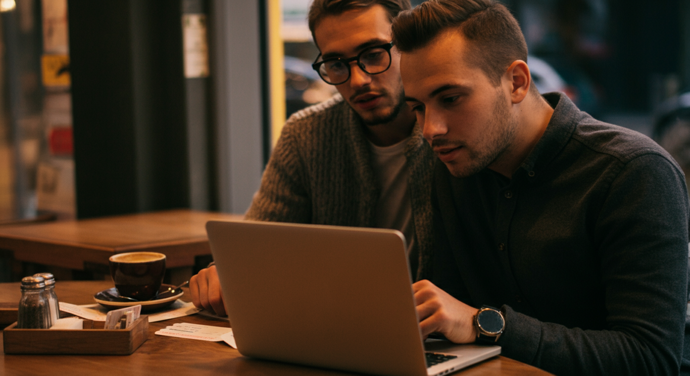 A couple booking tickets on a laptop at a cafe