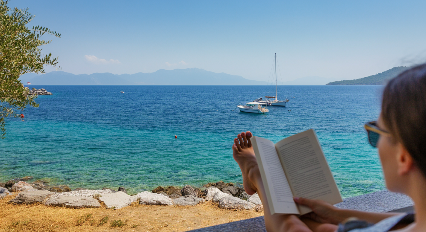 A relaxed view of a Turkish coast. Someone sitting by the sea or on a balcony with a view, reading or resting. 'Holiday mode'. Calm blue sea. Authentic travel moment.