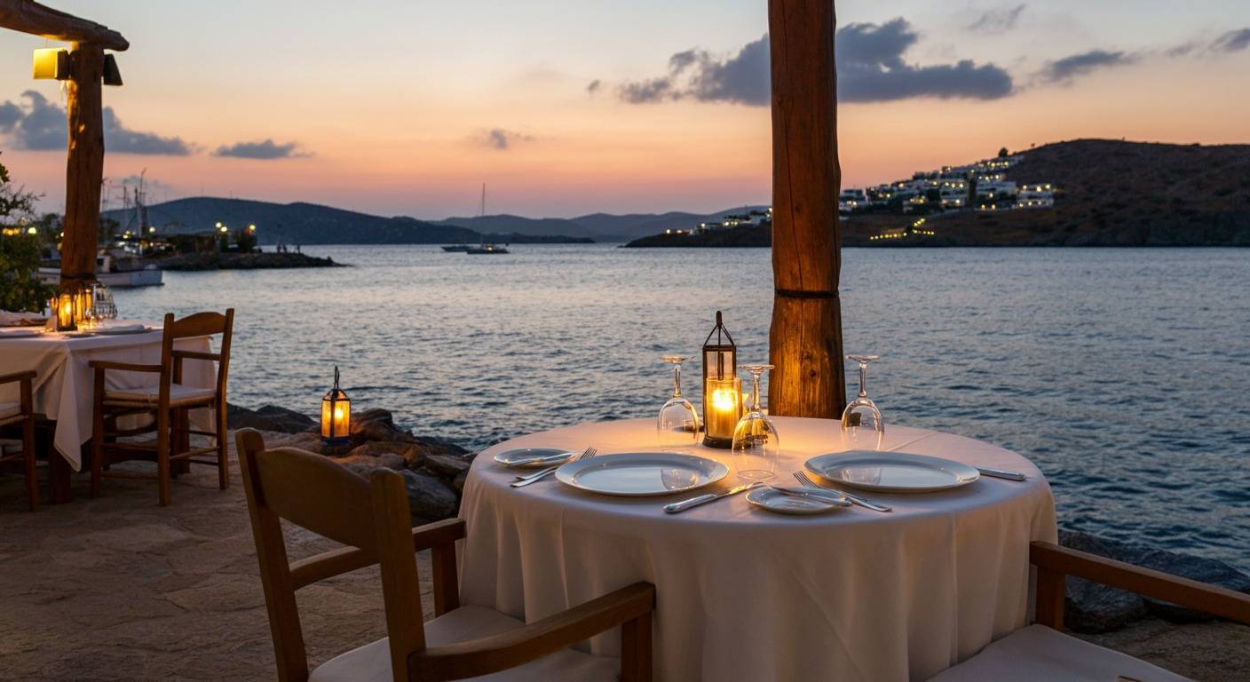 A romantic seaside dinner setting in Bodrum at sunset. White tablecloth, Aegean sea view, silhouette of Bodrum castle in distance. Authentic stylish travel photo. Realistic.
