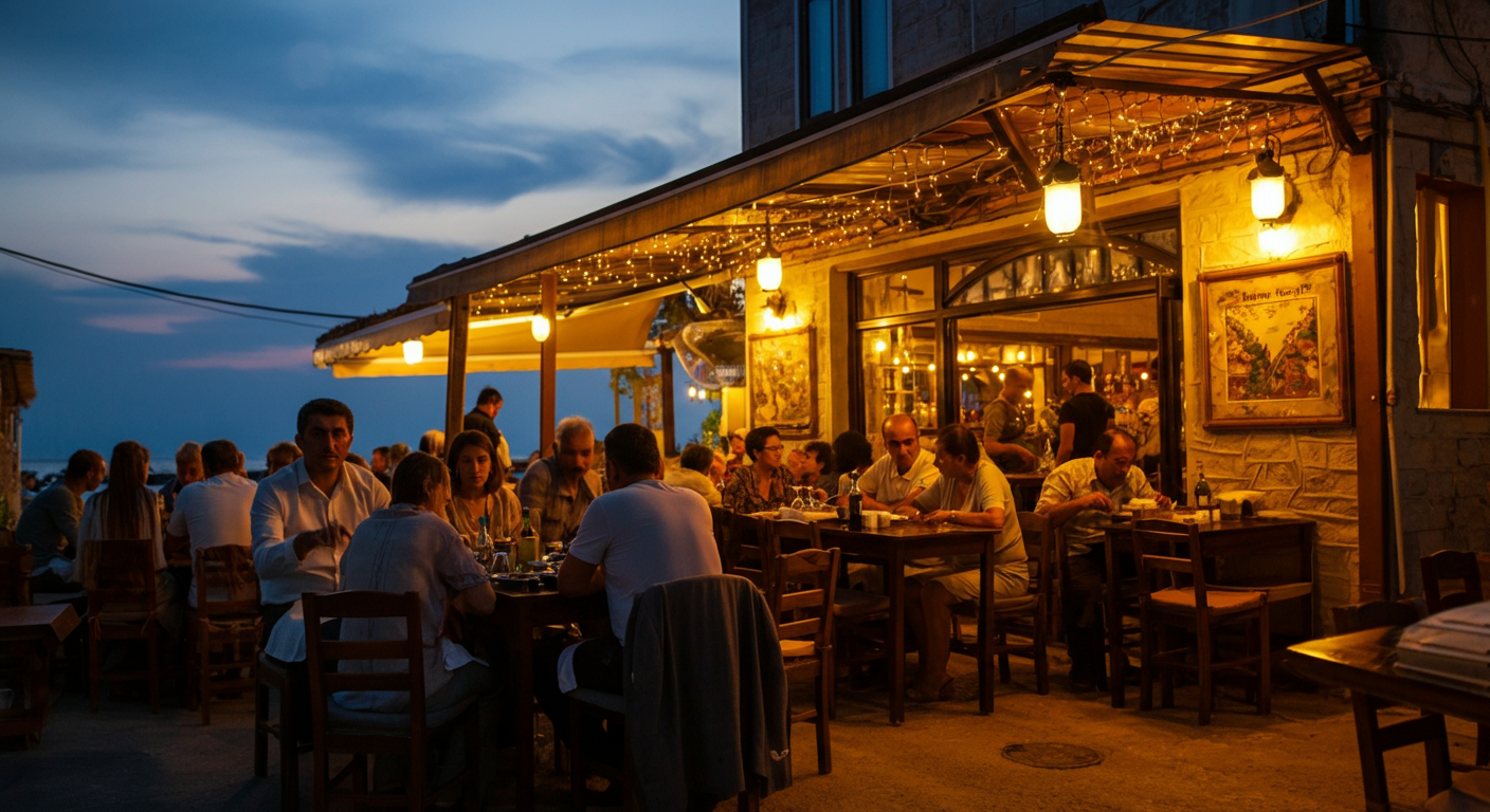 Outdoor evening dining in a Turkish coastal town in May. Guests wearing light shawls or shirts. Warm string lights, twilight sky. Cozy and comfortable. Authentic atmosphere.