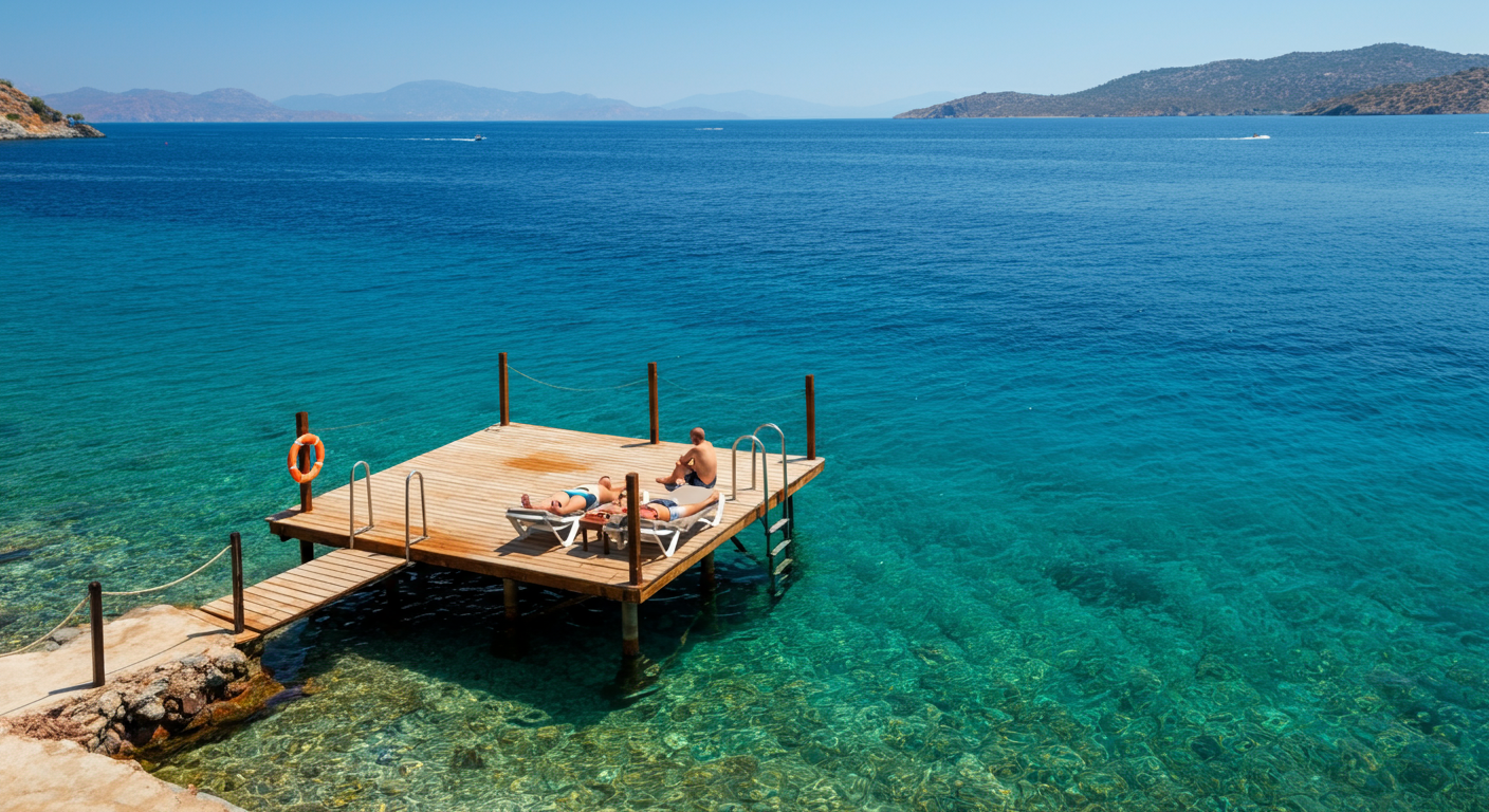 A wooden sunbathing platform over the turquoise sea at a Turkish hotel. People relaxing, ladder into water. Authentic Aegean coast vibe. Realistic.
